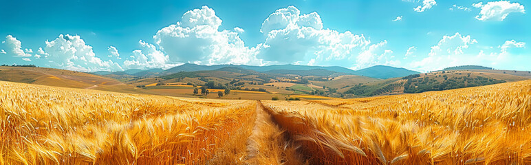 Golden Wheat Field Under Blue Sky with Fluffy Clouds and Rolling Hills in Background