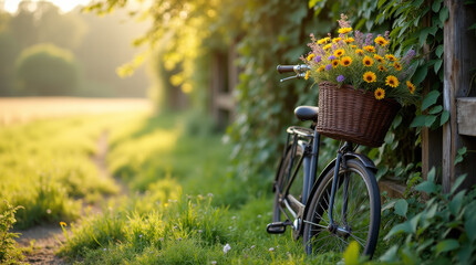 Sonnenblumen im Fahrradkorb an einem sonnigen Tag