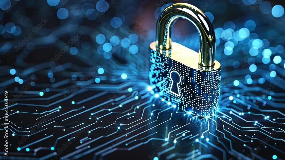 Poster digital padlock for computing system on dark blue background, cyber security technology for fraud pr
