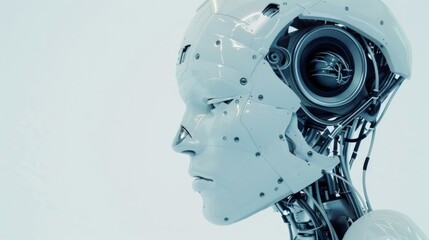 Fototapeta premium A side view of a sleek white humanoid robot’s head against a minimalist background, epitomizing futuristic technology.