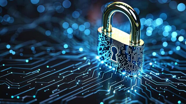 Digital padlock for computing system on dark blue background, cyber security technology for fraud prevention and privacy data network protection concept