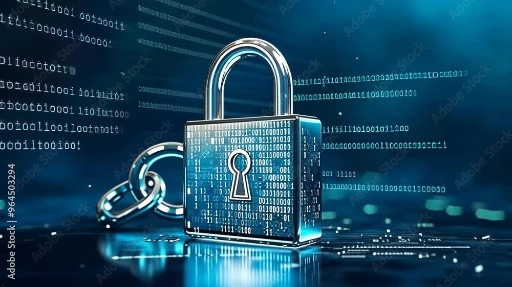 Poster digital padlock for computing system on dark blue background, cyber security technology for fraud pr