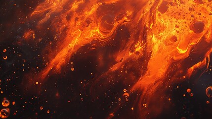 Obraz premium Blazing lava's fiery explosion, vibrant streaks of molten rock soar high. A tempestuous surface of molten magma erupts with shimmering bubbles, casting an abstract canvas of heat and fury. 
