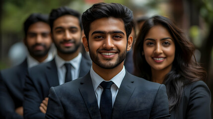 A group of professionals smiling confidently in a business setting.