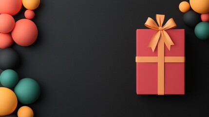 Elegant gift box with ribbon on black background with colorful ornaments, perfect for celebrations and festive occasions.
