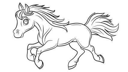 Cute drawing horse running, black and white line drawing, on transparent background png, perfect for coloring pages, coloring book, childrens book.