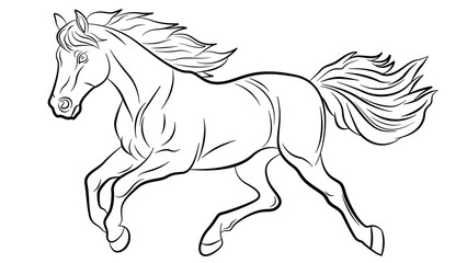 Black and white line drawing horse running on transparent background png, perfect for coloring pages, coloring book.