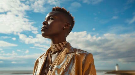 A poised individual dressed in a golden, reflective jacket gazes towards the horizon, the vast ocean and blue skies complement their bold elegance.