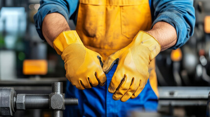 Steelworker with protective gloves, operating machinery, flat design illustration