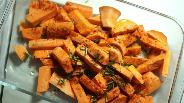 Housewife sprinkling raw sweet potato slices in glass dish. High quality 4k footage