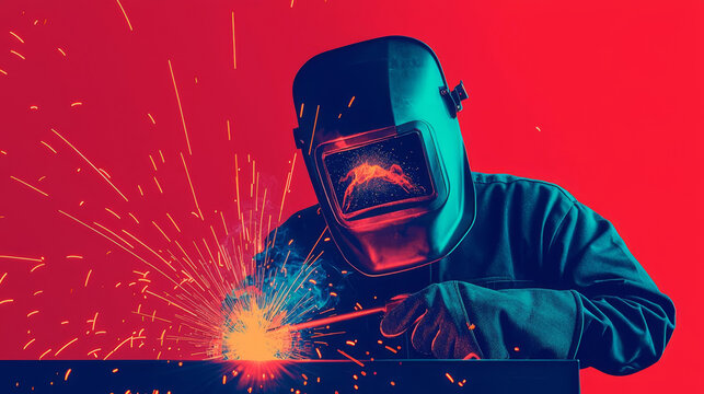 Worker welding, sparks flying, protective mask, flat design illustration