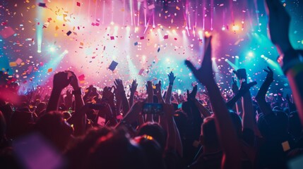 A vibrant crowd at a concert, with hands raised and confetti in the air, celebrates with exuberance under colorful lights.
