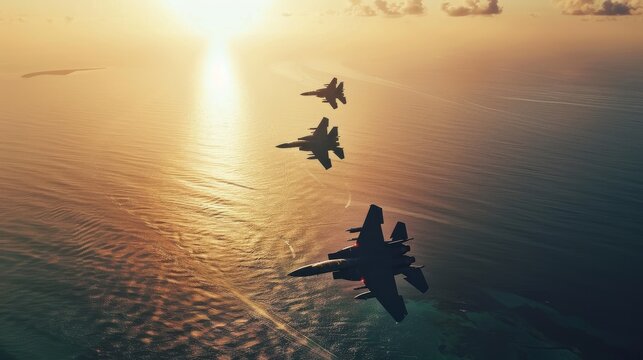 Three fighter jets flying in formation over a shimmering ocean at sunset, symbolizing precision and power.