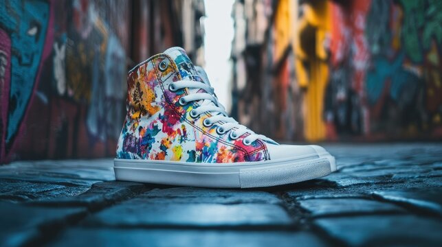 A fashionable pair of high-top sneakers with graffiti designs, placed on a street background, showcasing urban style.