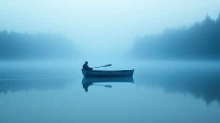 Tranquil Morning Rowing - A Serene Moment on a Foggy Lake