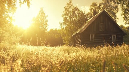 A serene summer afternoon landscape featuring a sunlit wooden cabin surrounded by a peaceful meadow under clear blue skies. 