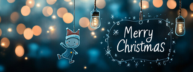 Hand-drawn Christmas character on a chalkboard with "Merry Christmas" written on it, surrounded by a warm Christmas glow.