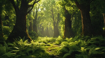 Fototapeta premium Serene Summer Exploration in an Ancient Forest with Towering Trees and Lush Ferns