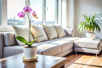 Naklejka premium Modern bright living room corner with orchid