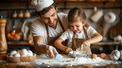 Father and Daughter Baking Together in Joyful Kitchen Scene Filled with Flour and Eggs