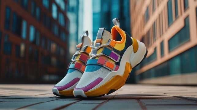 A pair of chunky sneakers with a bold, modern design, placed on a city sidewalk, representing urban footwear fashion. - Powered by Adobe