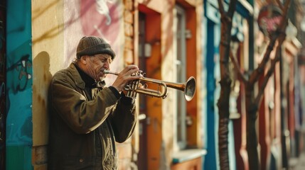 Obraz premium An elderly man is seen playing a trumpet in a vibrant, colorful street, adding a rustic musical ambiance to the lively surroundings.