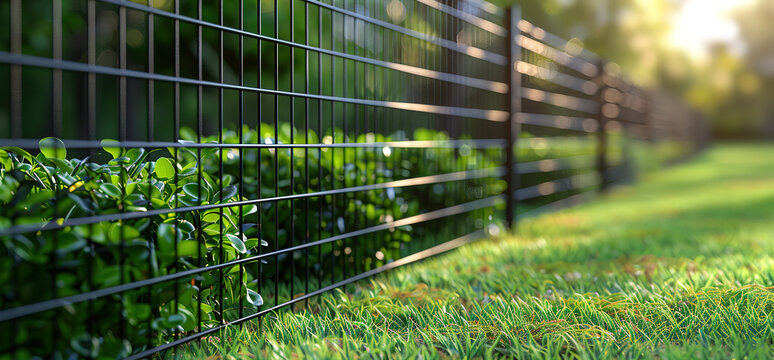Closeup of a black metal fence with green foliage growing along the bottom. The sun shines through the fence, creating a warm glow.