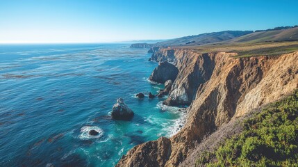 Fototapeta premium Majestic Coastal Overlook: Aerial View of Endless Ocean from Cliff Edge