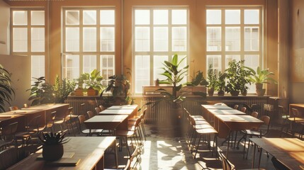 Bright sunlight fills a spacious classroom with desks arranged neatly and an array of potted plants, creating a welcoming educational space.