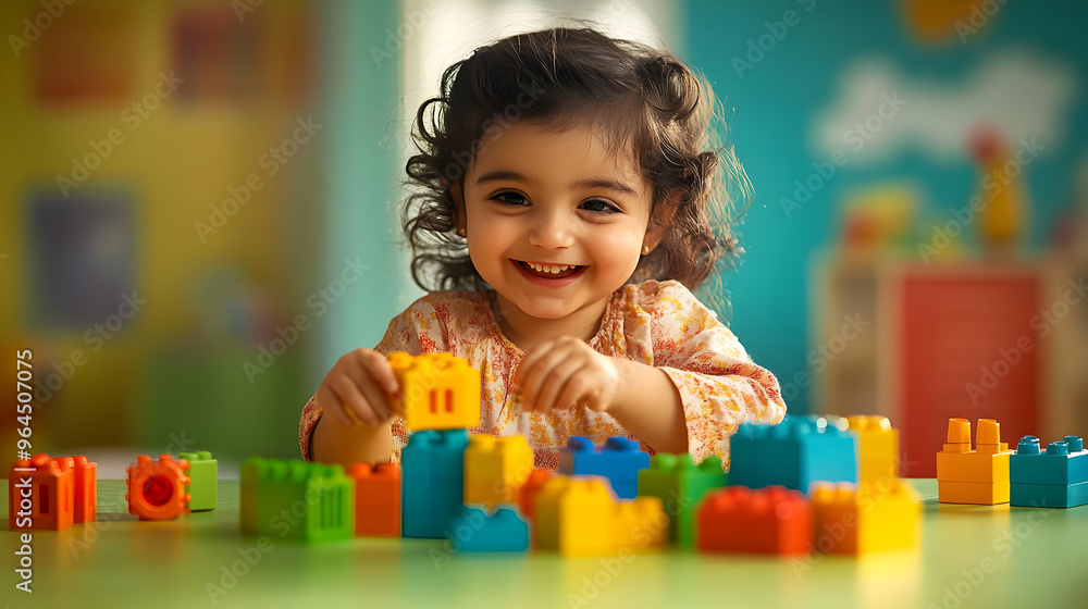 Poster a joyful child playing with colorful building blocks on a table.