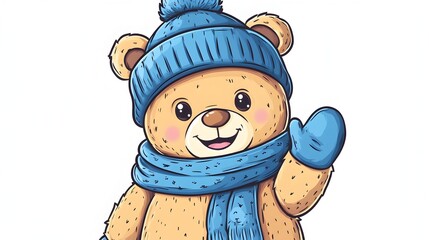 Fototapeta premium Cute Teddy Bear Wearing Blue Knit Hat and Scarf in Snowy Winter Scene