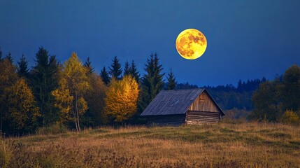 A serene autumn evening landscape featuring a glowing harvest moon and a sunlit cabin, set against a tranquil backdrop of warm fall colors. 