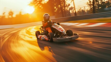 A go-kart racer expertly maneuvers around a sunlit track, capturing the thrill and speed of the sport in a golden hour setting.