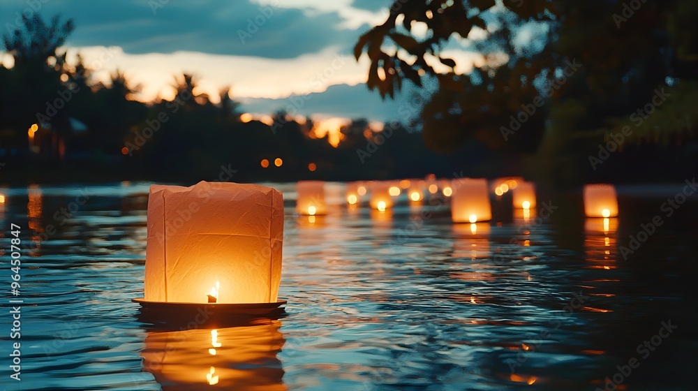 Aufkleber glowing floating lanterns over serene river creating warm magical evening atmosphere