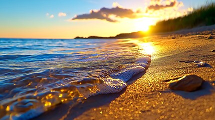 Obraz premium Golden light bathes calm ocean waves and sandy beaches, a serene sunset scene.