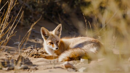 A fennec fox lying alert in the sandy underbrush, its large ears and keen eyes focused on something in the distance.