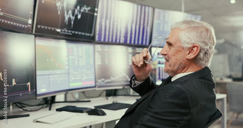 Aufkleber happy, business and man with computer for stock market, financial trading and investment performance