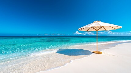 Fototapeta premium A tropical beach with turquoise waters, white sand, and a sunlit umbrella.