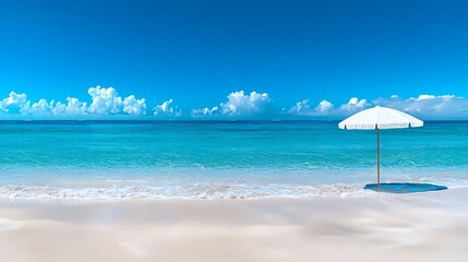 A white beach umbrella stands over tranquil turquoise waters and white sands.