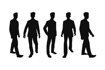 Businessman employee silhouette Wearing a suit, walking posture, golden angle, side and front view