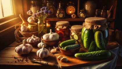 A rustic kitchen scene with jars of pickles, fresh garlic, and cucumbers, perfect for food-related projects, cooking blogs, or artisanal product promotions.