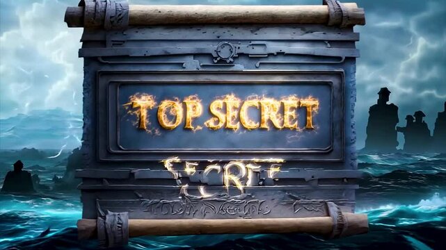 Top secret word on banner, with flashing lightning on background.