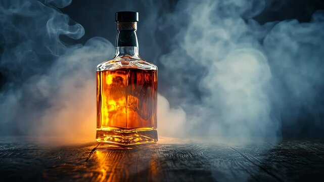 Whiskey bottle with smoke on wooden table