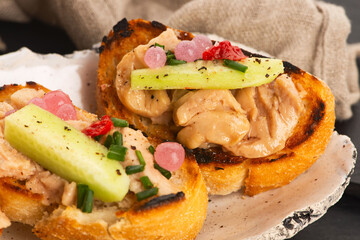 Sandwich with cod liver. Healthy food concept. Food recipe background. Close up