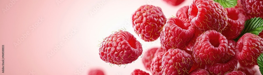 Wall mural fresh ripe raspberries with green leaves on a light pink background, showcasing vibrant colors and n