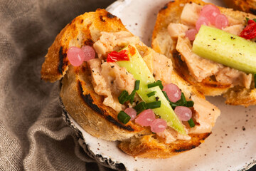 Sandwich with cod liver. Healthy food concept. Food recipe background. Close up