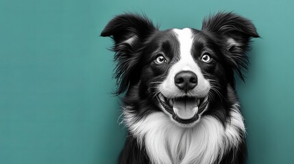 A happy border collie beams from a teal background in this black and white portrait.