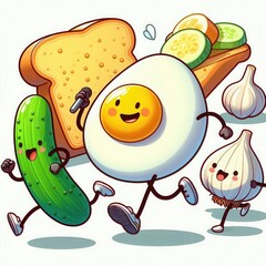 Whimsical cartoon characters of vegetables and bread celebrating healthy eating. Perfect for food-related projects, children's nutrition, or culinary promotions.