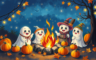 Obraz premium Halloween illustration Cheerful ghosts gather around a campfire during a Halloween festive autumn night