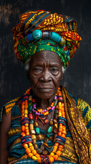 Fototapeta premium Portrait of Elderly African Woman in Traditional Colorful Clothing with Elaborate Beaded Jewelry